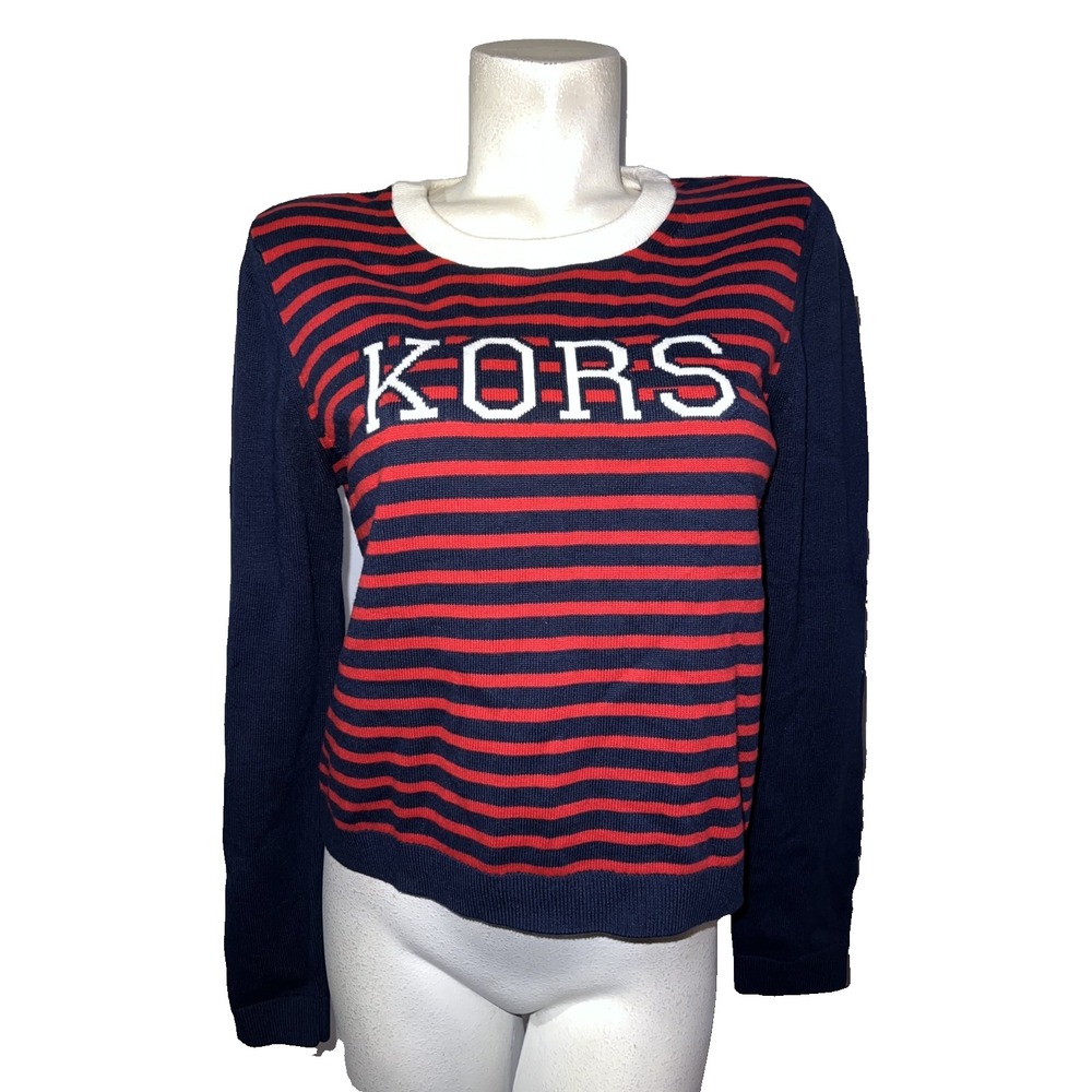 Michael Kors Womens Navy Red Striped KORS Logo Knit Crew Neck Sweater Size L